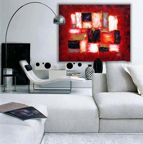 Des masses rouges, tableau de Philippe Cloart, présenté dans un intérieur (mise en situation)