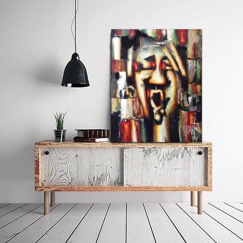Le cri, tableau de Philippe Cloart, présenté dans un intérieur (mise en situation)