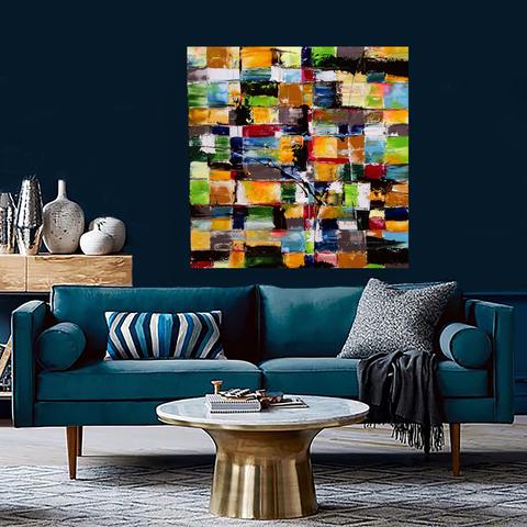Patchwork, tableau de Philippe Cloart, présenté dans un intérieur (mise en situation)