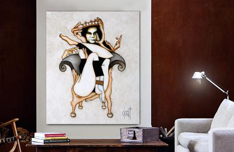 Surréalisme Caroline, tableau de Philippe Cloart, présenté dans un intérieur (mise en situation)